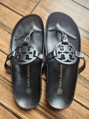 Tory Burch Black Leather Logo Thong Sandals